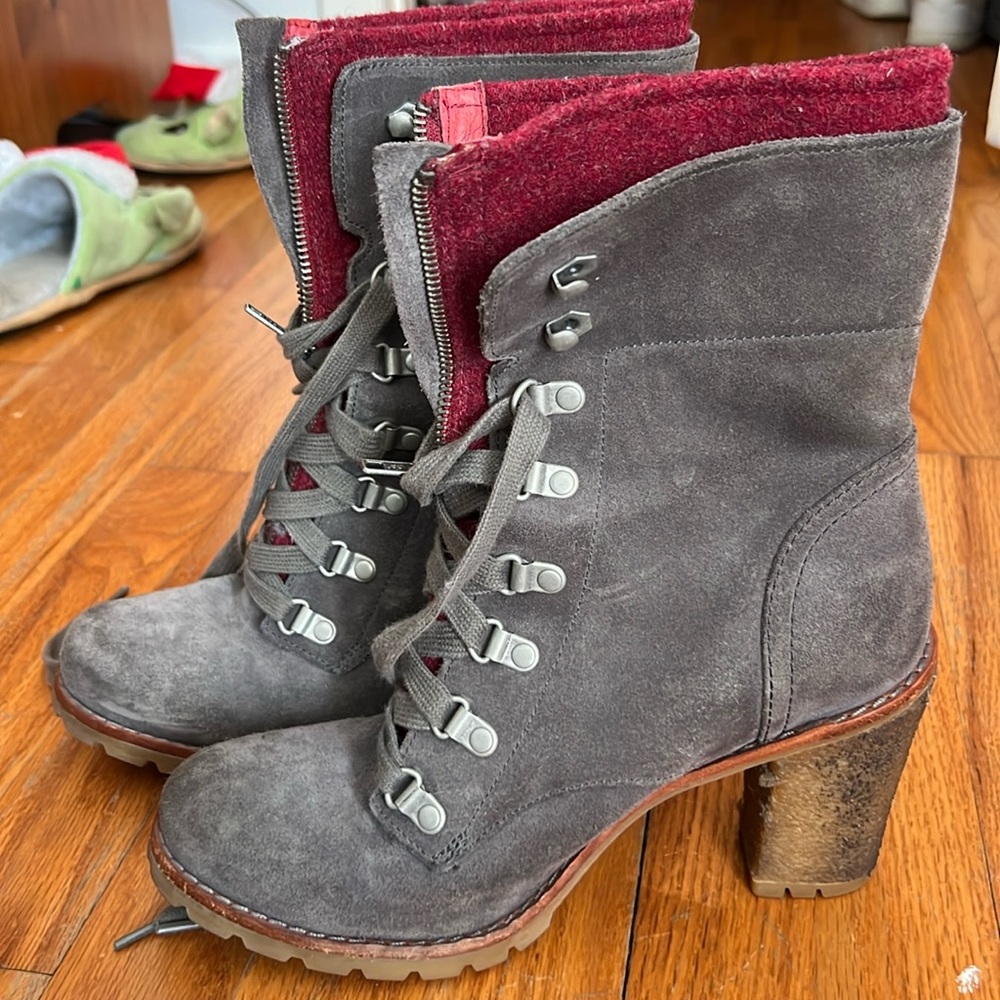 Ugg lace up rubber bottom heeled booties.